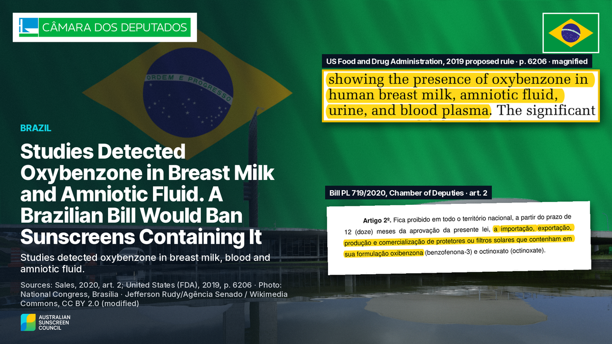 Photo illustration: a highlighted crop of a 2019 United States (FDA) proposed rule naming oxybenzone in human breast milk, amniotic fluid, urine and blood plasma, beside a Brazilian bill; Brazil flag and Chamber of Deputies logo.