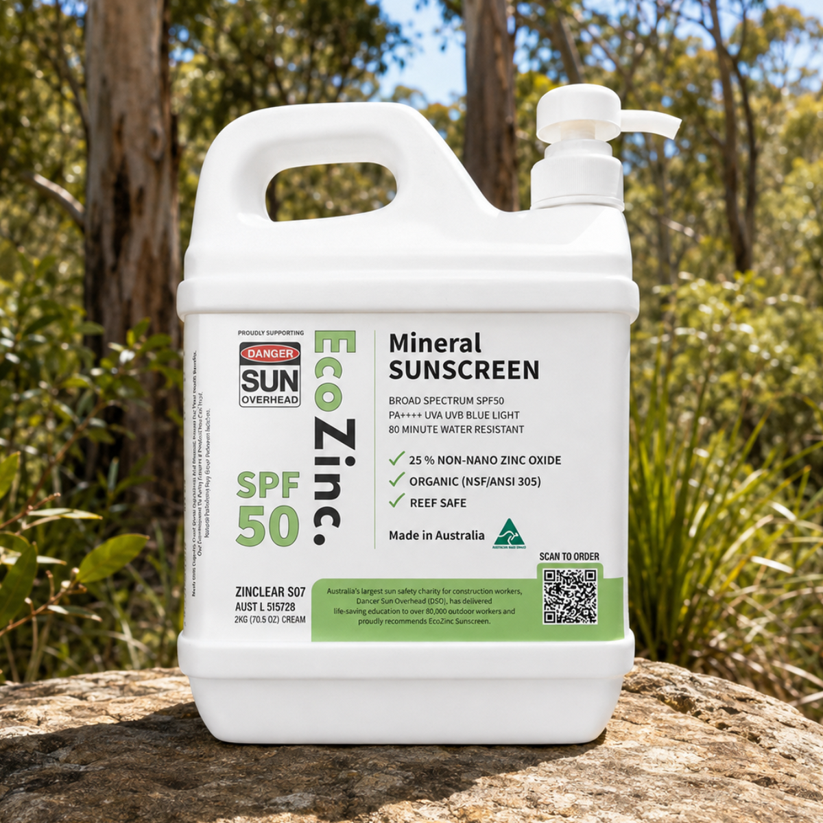 2kg pump bottle of EcoZinc clear SPF50 mineral sunscreen