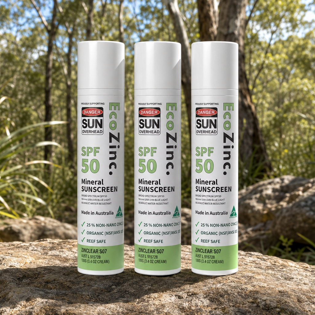 Three 100g tubes of EcoZinc clear SPF50 mineral sunscreen