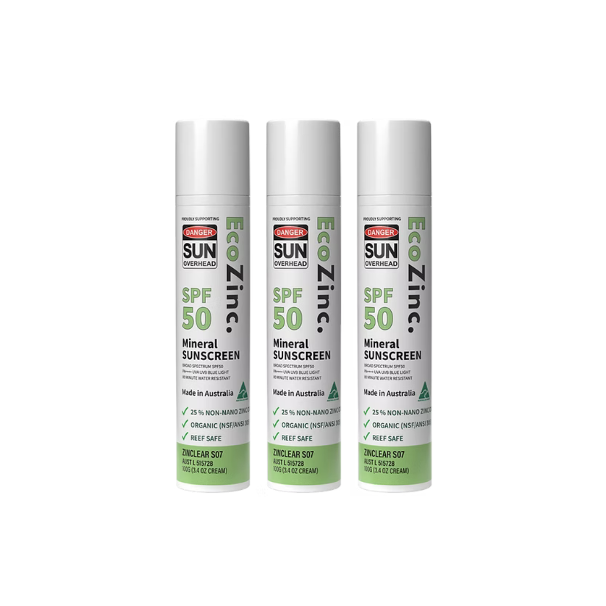 EcoZinc Clear SPF50 mineral sunscreen value pack, 3 x 100g