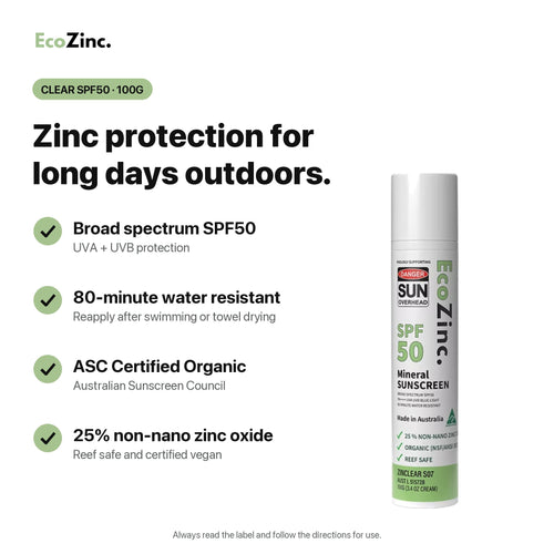 EcoZinc Clear SPF50 100g: broad spectrum SPF50, 80-minute water resistant, ASC Certified Organic, 25% non-nano zinc oxide