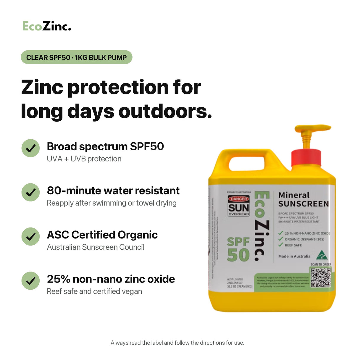 EcoZinc Clear SPF50 1kg bulk pump: broad spectrum SPF50, 80-minute water resistant, ASC Certified Organic, 25% non-nano zinc oxide