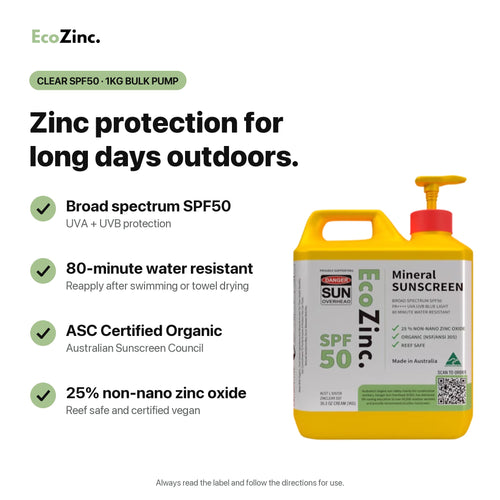 EcoZinc Clear SPF50 1kg bulk pump: broad spectrum SPF50, 80-minute water resistant, ASC Certified Organic, 25% non-nano zinc oxide