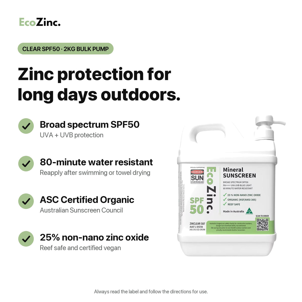 EcoZinc Clear SPF50 2kg bulk pump: broad spectrum SPF50, 80-minute water resistant, ASC Certified Organic, 25% non-nano zinc oxide