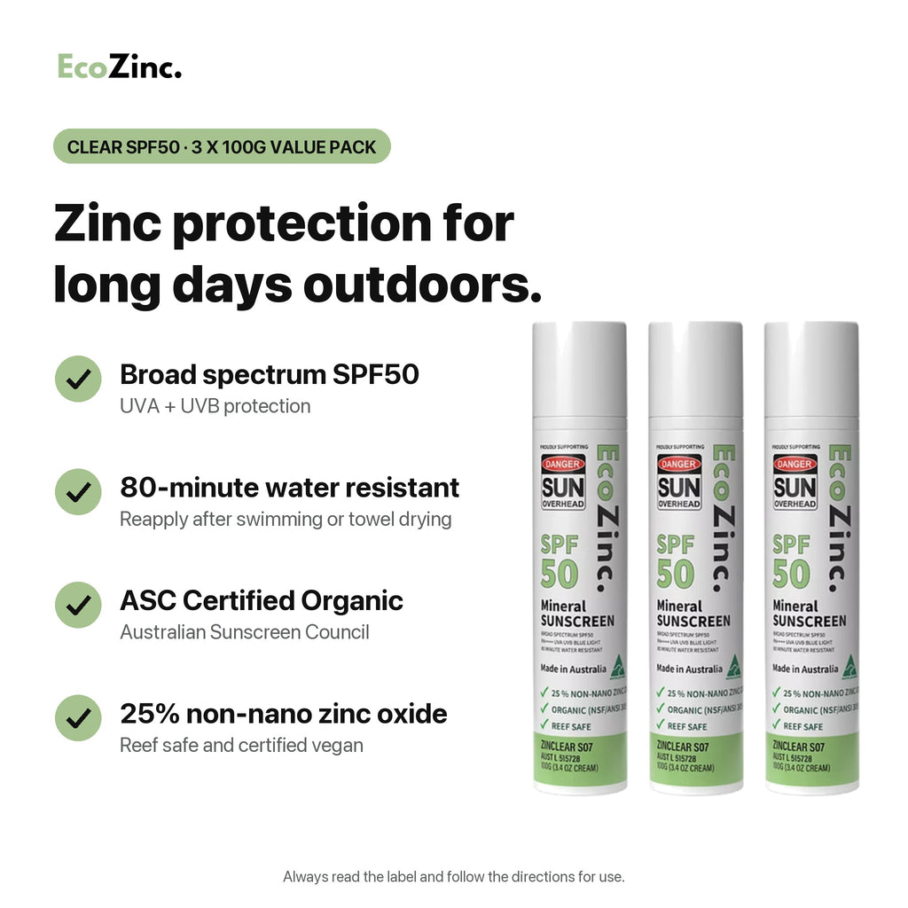 EcoZinc Clear SPF50 3 x 100g value pack: broad spectrum SPF50, 80-minute water resistant, ASC Certified Organic, 25% non-nano zinc oxide