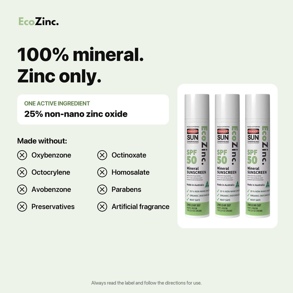 EcoZinc Clear SPF50 is 100% mineral, made without oxybenzone, octinoxate, parabens or preservatives