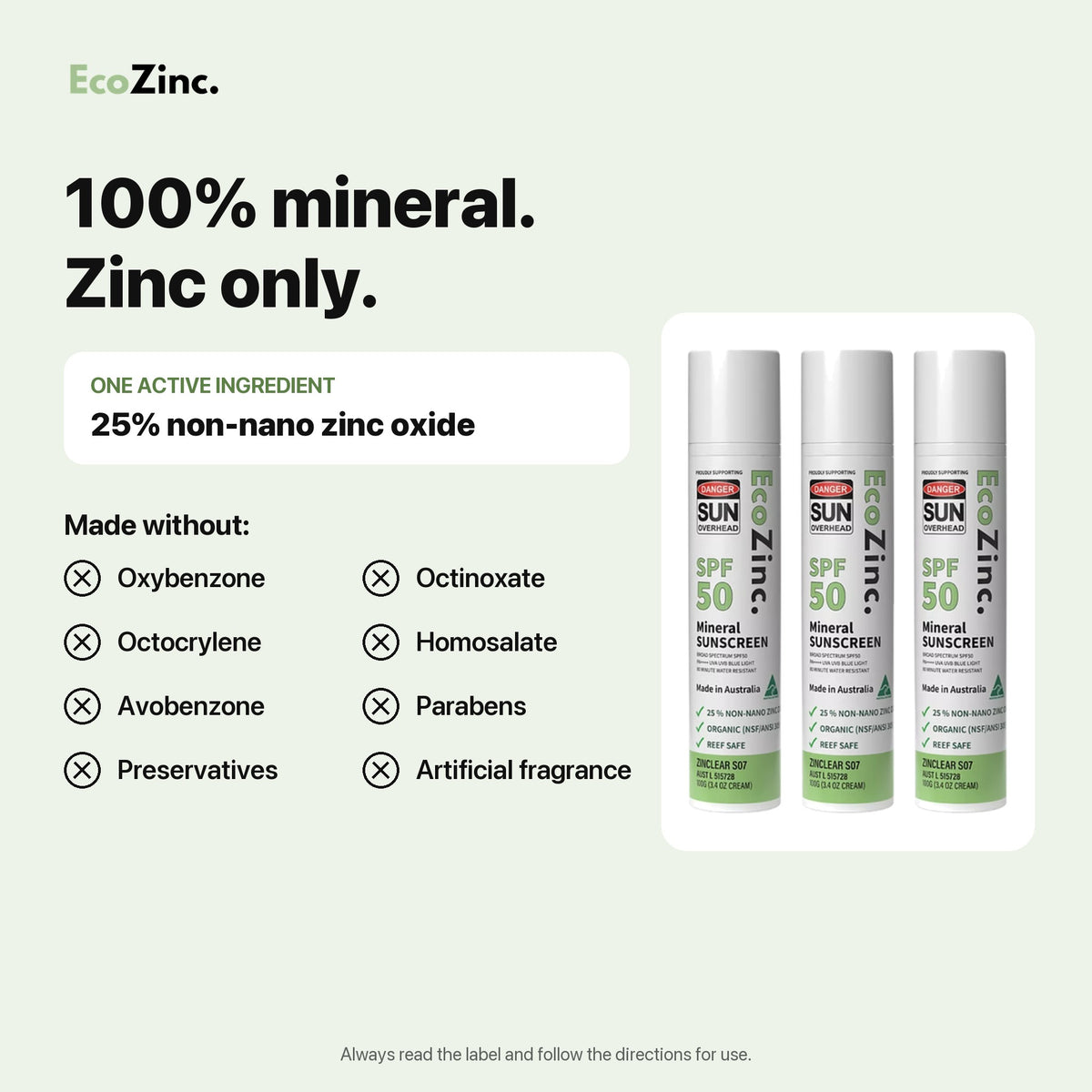 EcoZinc Clear SPF50 is 100% mineral, made without oxybenzone, octinoxate, parabens or preservatives