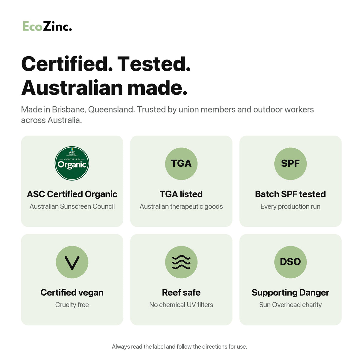EcoZinc certifications: ASC Certified Organic, TGA listed, batch SPF tested, certified vegan, reef safe