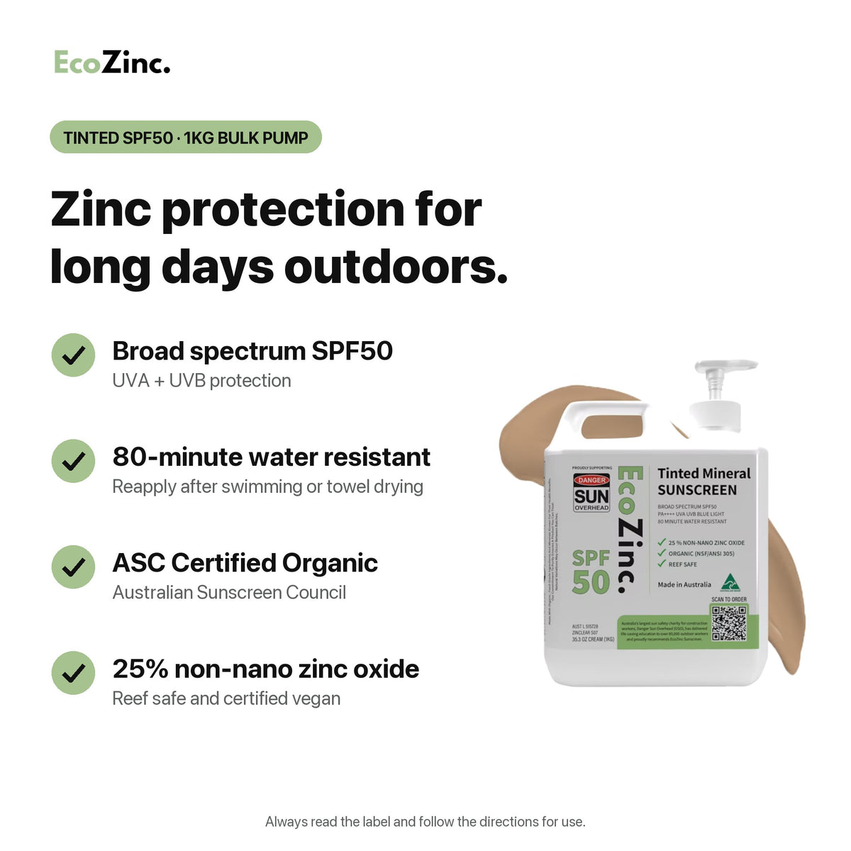 EcoZinc Tinted SPF50 1kg bulk pump: broad spectrum SPF50, 80-minute water resistant, ASC Certified Organic, 25% non-nano zinc oxide