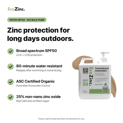 EcoZinc Tinted SPF50 1kg bulk pump: broad spectrum SPF50, 80-minute water resistant, ASC Certified Organic, 25% non-nano zinc oxide