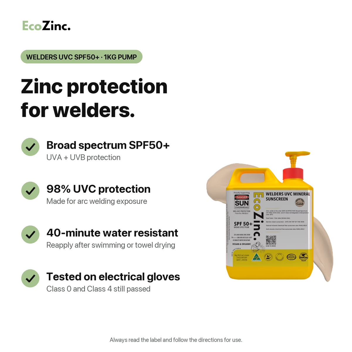EcoZinc Welders UVC SPF50+ 1kg: broad spectrum SPF50+, 98% UVC protection, 40-minute water resistant, tested on electrical gloves